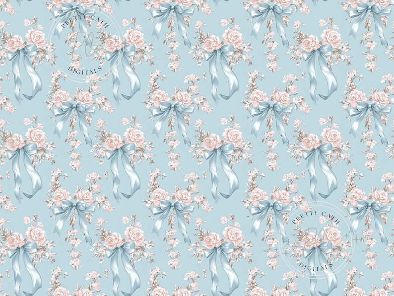 Blue Rose Toile Digital Paper: French Floral Bow Pattern (digital ...