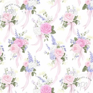 Vintage Pink Roses And Floral Coquette Ribbon Bow with WildflowerPattern Chinoiserie Toile Seamless Shabby Chic Floral Girly Aesthetic Print
