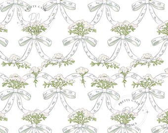 Wildflower Coquette Bow Seamless Pattern: Pink Hydrangea Floral Print (Digital Paper)