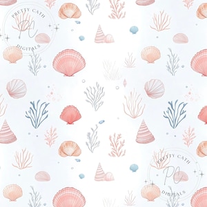 May include: Watercolor pattern featuring seashells, coral, and seaweed in shades of pink, peach, and blue on a white background. The design includes various shell shapes and marine plant illustrations. The text "PRETTY CATH DIGITALS" is visible in the image.