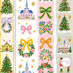 May include: A repeating pattern featuring Christmas motifs including decorated pine trees, snow-covered houses, churches, floral wreaths, and bows in shades of green, pink, yellow, and blue, accented with gold stars on a white and pastel background.