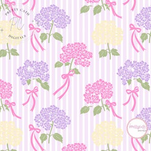 Peut inclure: Motif floral répété d'hortensias roses, violets et jaunes, avec des rubans roses et des feuilles vertes. Le fond présente des rayures verticales blanches et violet clair. Le texte "Pretty Cath Digitals" est visible.