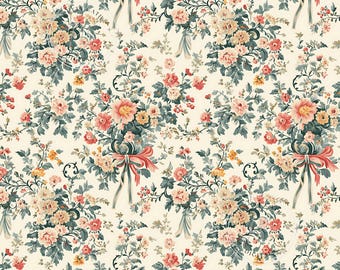 May include: A seamless pattern featuring a repeating design of pink, white, and yellow flowers with green leaves on a cream background.