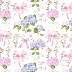 May include: A seamless pattern featuring watercolor illustrations of pink and blue hydrangeas, pink bows, and small white flowers on a white background. The design includes butterflies and green leaves, creating a floral and feminine aesthetic.