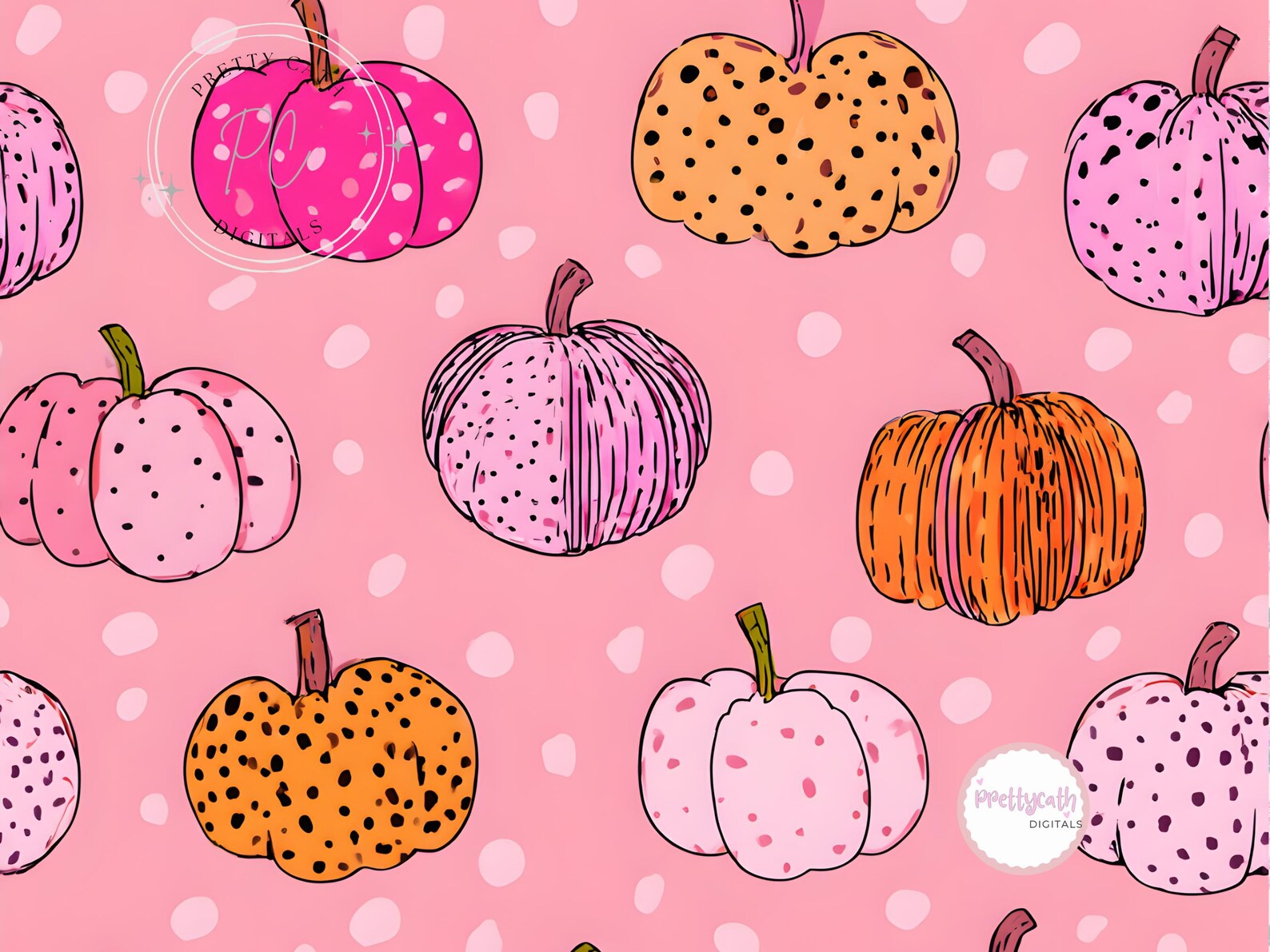Fall Pink Pattern Simple Pastel Pumpkin Seamless Pattern Pink Orange Polka Dot Autumn Digital ...
