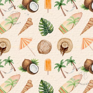 May include: A seamless pattern featuring watercolor illustrations of summer vacation elements. The pattern includes coconuts, palm trees, surfboards, seashells, beach umbrellas, popsicles, and straw hats.