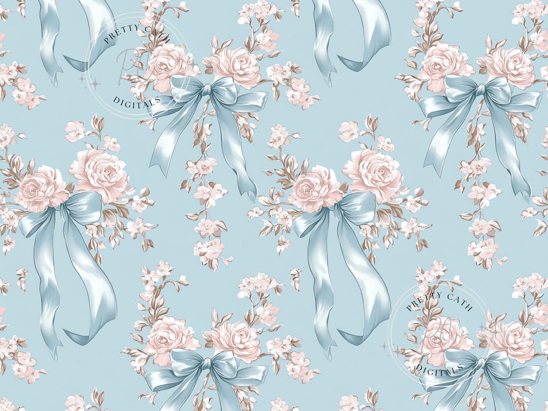 Blue Rose Toile Digital Paper: French Floral Bow Pattern (digital ...