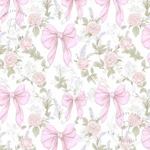 Bow Coquette Pink Watercolor Ribbon Vintage Pink Toile Coquette Pattern Chinoiserie Seamless Retro Shabby Chic Floral Girly Aesthetic Design