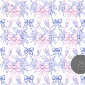 May include: A repeating pattern of watercolor bows and floral elements in soft pink and blue hues on a white background. The design features large pink bows with trailing ribbons, smaller blue bows, and delicate floral accents. The text "PRETTYCATH DIGITALS" is visible.