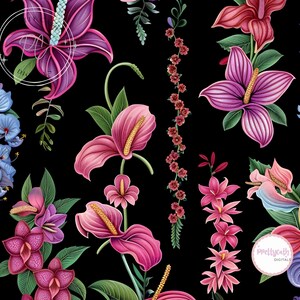 May include: A digital illustration featuring a variety of tropical flowers including pink and purple anthuriums, blue bell-shaped blossoms, and small red floral vines arranged against a solid black background with two circular watermarks.