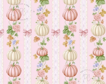 Pastel Floral Pumpkin Seamless Pattern: Coquette Bows, Fall Decor (PNG Digital Paper)