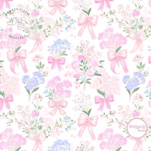Peut inclure: Motif floral sans couture avec des bouquets de fleurs roses et bleues, noués avec des nœuds roses, sur fond blanc. Le motif comprend le texte "Pretty-Cath Digitals" dans un logo.