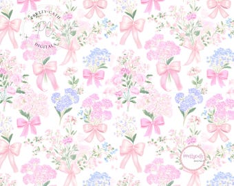 Pastel Floral Bow Seamless Pattern Pink Blue Wallpaper Coquette Design Vintage Flowers Digital Paper Romantic Cottagecore Art
