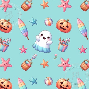 Summerween Ghost Seamless Pattern: Spooky Pastel Beach Design (PNG Digital Paper)
