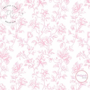 May include: A seamless pattern featuring a delicate floral design in soft pink on a white background. The pattern includes stylized roses and foliage, with the text "Pretty Cath Digitals" in a circular logo.