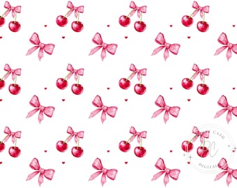 Cherry Pink Bow Seamless Pattern: Coquette Fabric Sublimation (Digital Download)