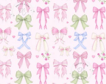 Vintage Coquette Bow Seamless Pattern Pastel Gingham Digital Paper Bow Background Wallpaper Baby Shower Backdrop Grandmillennial PNG