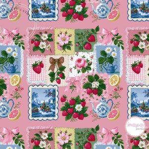 May include: A repeating pattern on a pink background featuring illustrations of strawberries, pink roses, daisies, blue and white teapots, pink bows, and citrus slices. The design includes square frames with blue and white landscape scenes.