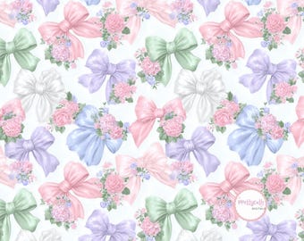 Pastel Bow Floral Seamless Pattern Soft Pink Blue Lavender Green Bows with Peonies for Nursery Fabric POD Wallpaper Baby Decor