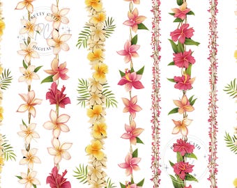 Papel digital PNG con estampado hawaiano de hibisco rosa y flores tropicales