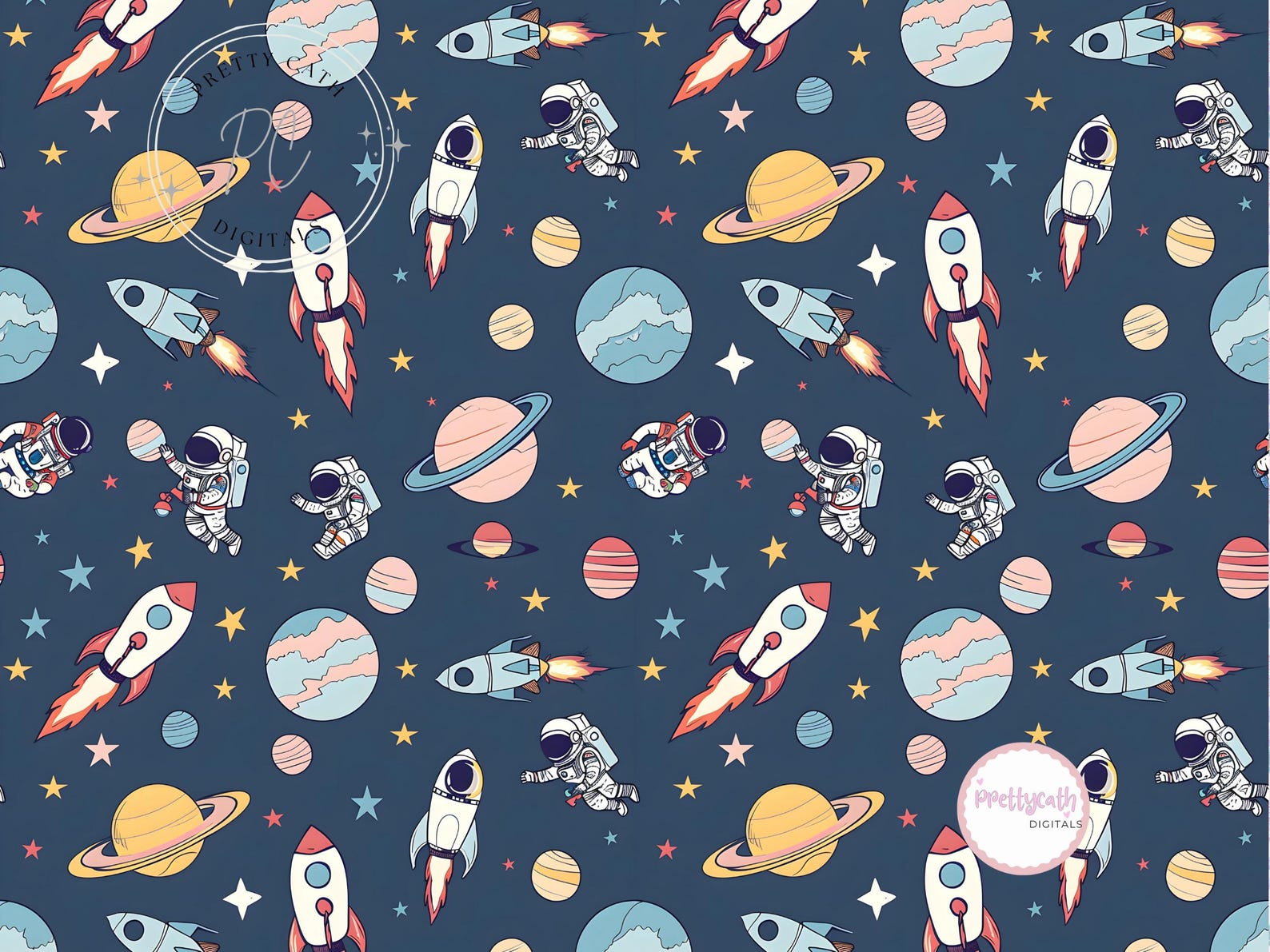 Astronaut Rocket Seamless Space Pattern Kids Galaxy Planets Stars ...