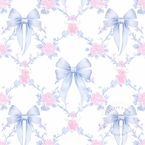 Op de afbeelding: Een naadloos patroon met lichtblauwe strikken en roze bloemboeketten op een witte achtergrond. Het patroon wordt herhaald over de hele afbeelding. De tekst "Pretty Cath Digitals" staat in het midden van de afbeelding.