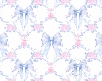Pink Hydrangea Chinoiserie Digital Paper: Bow Floral Toile (Digital Download)
