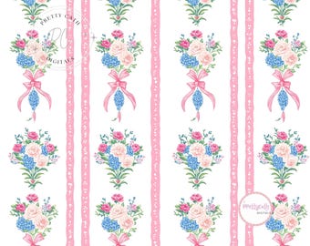 Romantic Floral Striped Wallpaper with Pink Bows Shabby Chic Seamless Pattern Vintage Digital Paper Cottagecore Fabric Nursery