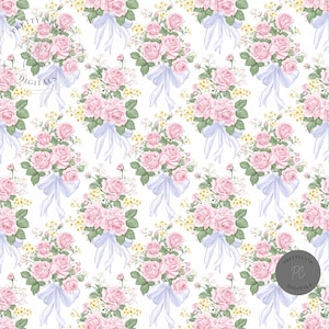 Pink Rose and Daisy Floral Bow Seamless Pattern Coquette Aesthetic Digital Paper Fabric Scrapbooking Wallpaper Baby Shower Invitation Card