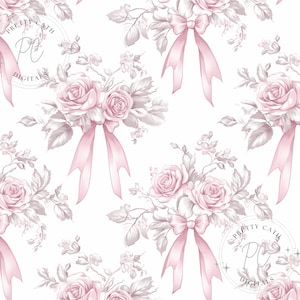 Pink Toile Chinoiserie Pattern: Coquette Ribbon Bows (Digital Paper Download