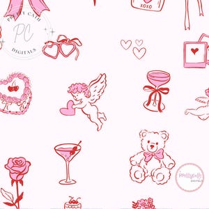 Puede incluir: Un patrón repetitivo de ilustraciones rosas y rojas con temática de San Valentín sobre un fondo blanco. Las ilustraciones incluyen lazos, corazones, un pastel, un oso de peluche, una rosa, un martini y querubines. También está presente el texto "Pretty Cath Digitals".