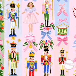 Nutcracker Ballet Slippers Christmas Seamless Pattern Pink Ballet Digital Paper Holiday Fabric Watercolor Preppy Grandmillennial Winter