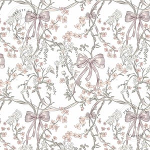 Fiocchi vintage rosa Toile de Jouy, motivo senza cuciture, fiocco Coquette, fiori disegnati a mano, nastro rosa pastello, design ripetuto, chinoiserie francese retrò