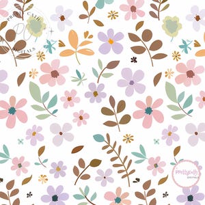 May include: A floral pattern featuring pastel flowers and leaves in shades of pink, purple, and brown on a white background. The design includes various flower sizes and leaf shapes, creating a whimsical and delicate aesthetic. The image has the text "Pretty Cath Digitals".