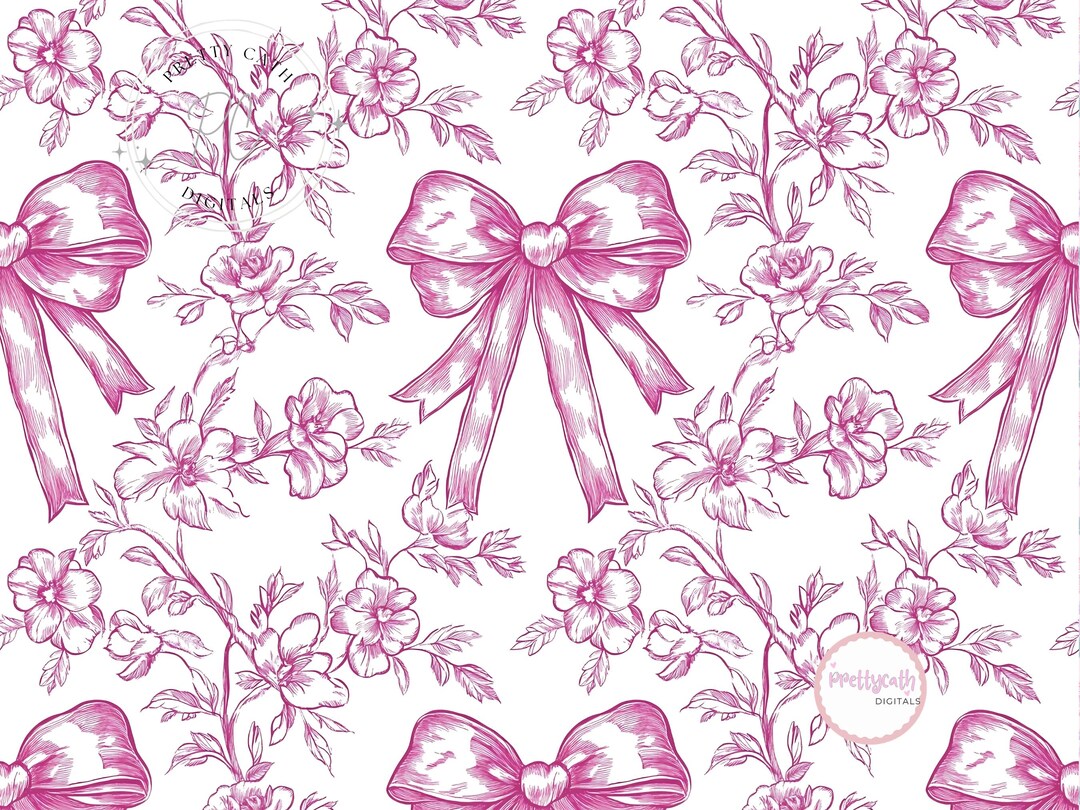 Pink Bow Floral Seamless Pattern – Vintage Ribbon & Blossom Sketch ...