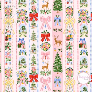 Nahtloses rosa Weihnachtsmuster mit Weihnachtsbaum, Schleife, Hirsch, Blumenmuster, Winterdorf, Feiertags-Digitalpapier, Cottagecore-Weihnachtsdruck