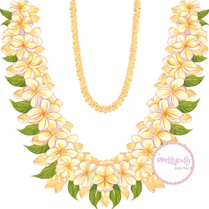 May include: A digital illustration of a lei, a traditional Hawaiian garland. The lei is composed of cream-colored plumeria flowers with yellow centers, green leaves, and a gold-colored chain. The image has a white background and a pink circle with the text "prettycath DIGITALS".