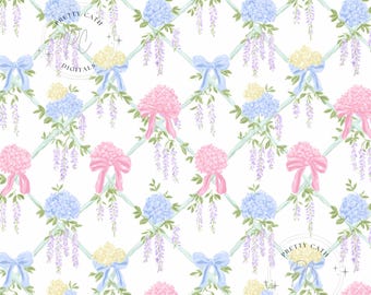 Spring Hydrangea Wisteria Coquette Bow Seamless Pattern Digital Paper Chinoiserie Floral Fabric Print Nursery Wallpaper and Scrapbook Design