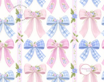 Pastel Bow Seamless Pattern: Pink Gingham Ribbons & Floral Lace (Digital Download PNG Files 12x12in