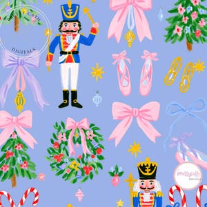 May include: A repeating pattern on a light blue background featuring nutcrackers in blue and red uniforms, pink ballet slippers, light pink bows, green Christmas wreaths with flowers, decorated Christmas trees, and red and white candy canes.