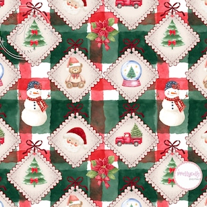 Peut inclure: Un motif de Noël festif avec un fond à carreaux rouge et vert. Le design comprend divers éléments de vacances tels que des bonhommes de neige, le Père Noël, des arbres de Noël, des ours en peluche, des boules à neige et des camions rouges, le tout dans des cadres décoratifs.