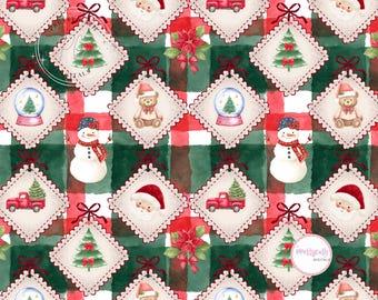 May include: A festive Christmas-themed pattern featuring a red and green plaid background. The design includes various holiday elements such as snowmen, Santa Claus, Christmas trees, teddy bears, snow globes, and red trucks, all within decorative frames.