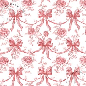 Carta da parati con stampa digitale su tessuto, motivo floreale senza cuciture in toile de jouy rosa vintage con fiocchi in nastro Coquette, chinoiserie pastello disegnata a mano