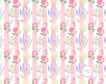 Coquette Floral Stripe Seamless Pattern Pink Rose Wallpaper Cottagecore Digital Paper Romantic Vintage Flowers Pastel Stripe Design