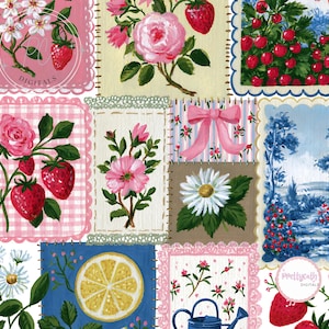 Cottage aardbei patchwork naadloos patroon PNG vintage bloemenquilt digitaal papier coquette citroen madeliefje toile print Grandmillennial ontwerp