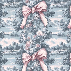 Vintage Toile Seamless Wallpaper With Pink Bows And Blue Floral Landscape Pattern For French Country Cottagecore Fabric And Home Décor