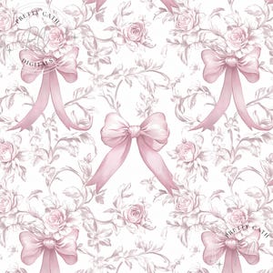 Toile de Jouy rosa vintage con fiocchi senza cuciture Coquette, fiocchi di nastro rosa pastello retrò disegnati a mano, motivo ripetuto chinoiserie floreale, album di ritagli