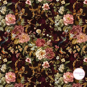 May include: A digital floral pattern featuring a deep burgundy background with an intricate design of pink, cream, and red flowers, butterflies, and birds. Gold-colored vines and accents add detail to the design. The words "Prettycath Digitals" are in a white circle.