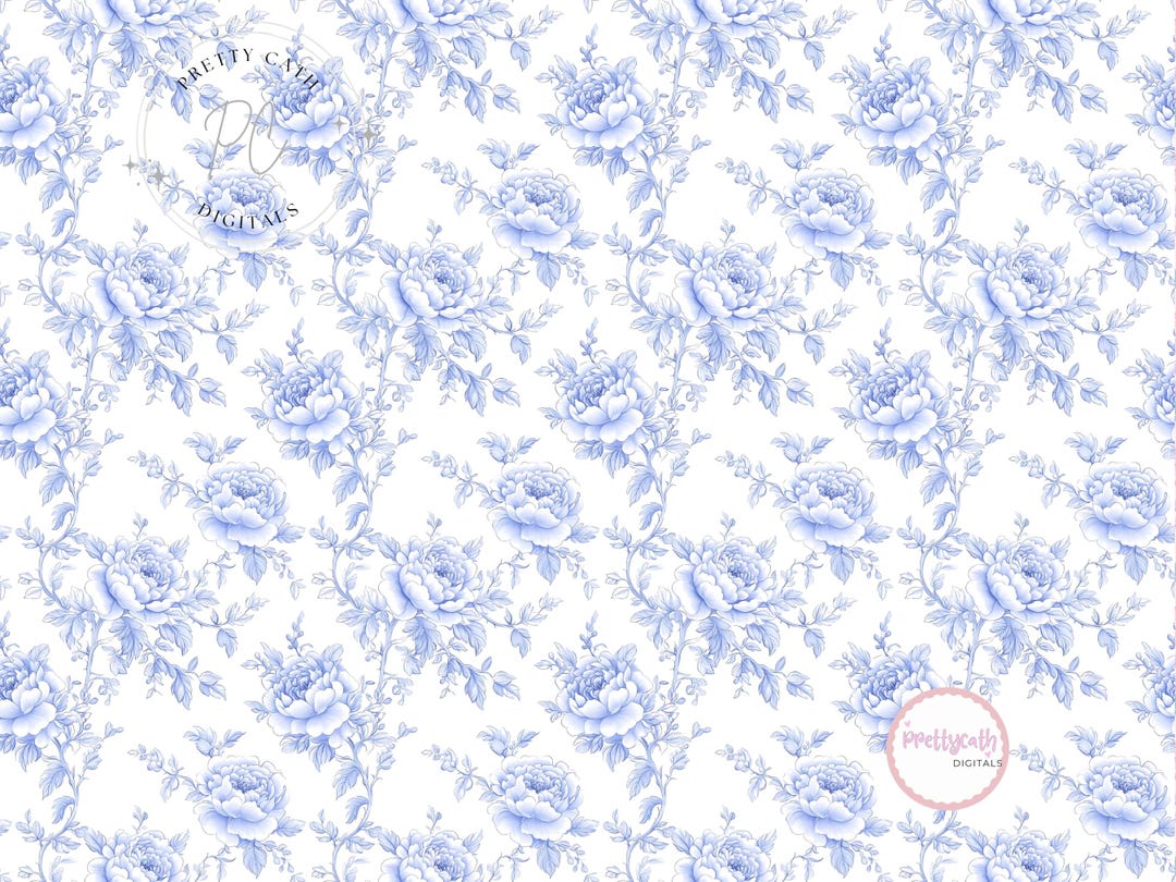 Blue Toile Digital Paper Vintage Floral French Country Pattern Seamless ...