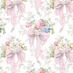 Vintage Pink Coquette Bow Floral Chinoiserie Toile de Jouy Seamless Pattern Digital Paper for Wallpaper Fabric Scrapbook Nursery Decor PNG